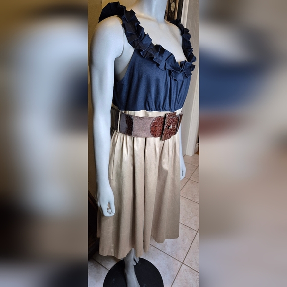Jessica Howard Beige And Blue Dress, Croc-Embossed Belt - Picture 2 of 13